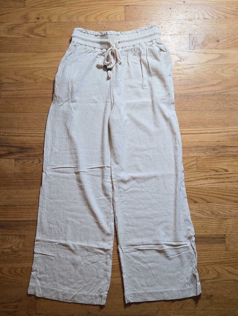 Zara beige cream linen blend wood bead drawstring wide leg pants